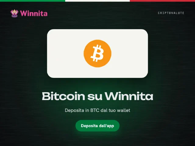 Logo Bitcoin e logo Winnita su sfondo grafite con il pulsante Deposita dall'app