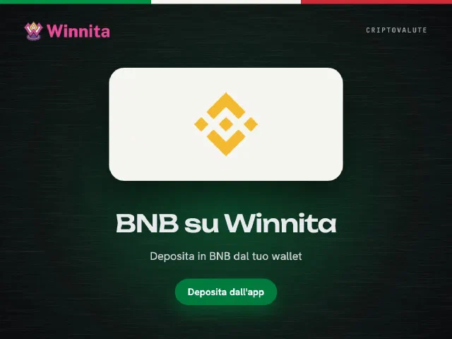 Logo BNB e logo Winnita su sfondo grafite con il pulsante Deposita dall'app