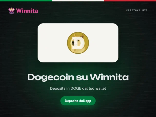 Logo Dogecoin e logo Winnita su sfondo grafite con il pulsante Deposita dall'app