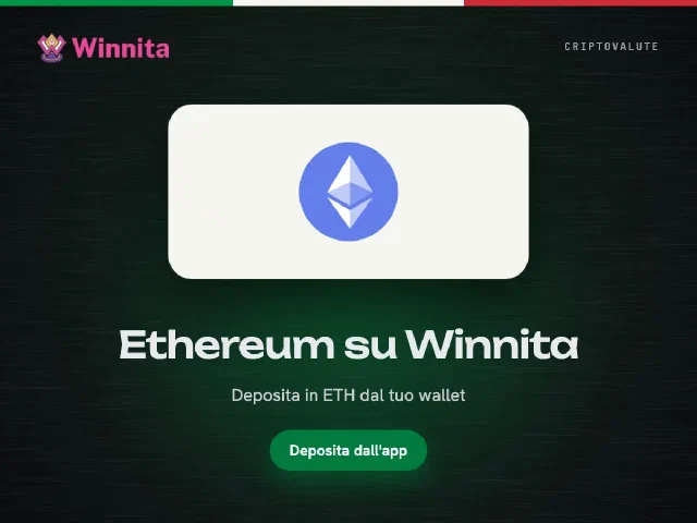 Logo Ethereum e logo Winnita su sfondo grafite con il pulsante Deposita dall'app