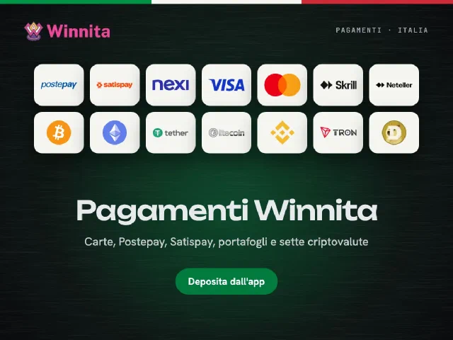 Loghi di Postepay, Satispay, Nexi, Visa, Mastercard, Skrill, Neteller e sette criptovalute con il logo Winnita