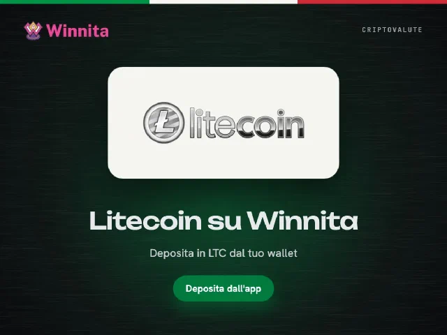 Logo Litecoin e logo Winnita su sfondo grafite con il pulsante Deposita dall'app