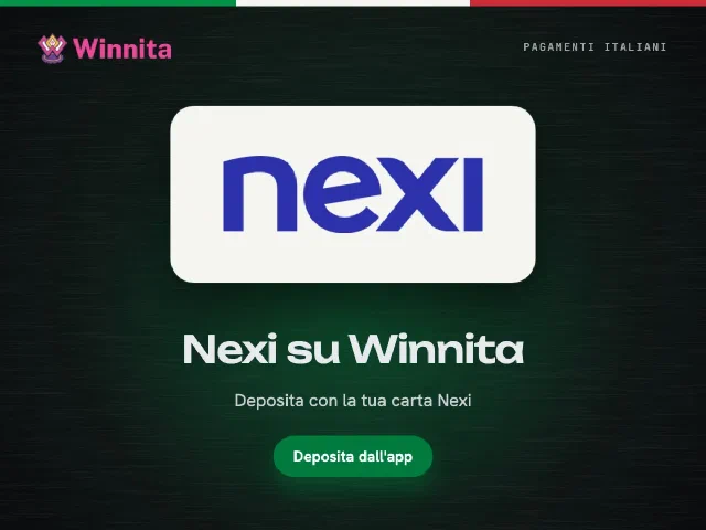 Logo Nexi e logo Winnita su sfondo grafite con il pulsante Deposita dall'app