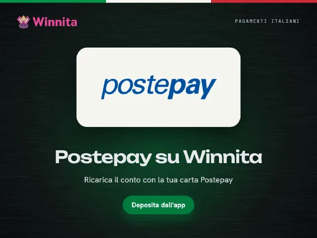 Logo Postepay e logo Winnita su sfondo grafite con il pulsante Deposita dall'app