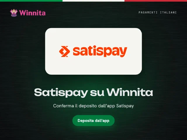 Logo Satispay e logo Winnita su sfondo grafite con il pulsante Deposita dall'app