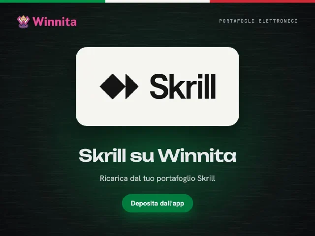 Logo Skrill e logo Winnita su sfondo grafite con il pulsante Deposita dall'app