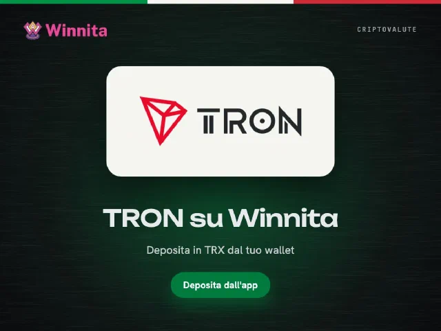 Logo TRON e logo Winnita su sfondo grafite con il pulsante Deposita dall'app