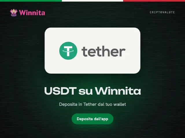 Logo Tether e logo Winnita su sfondo grafite con il pulsante Deposita dall'app