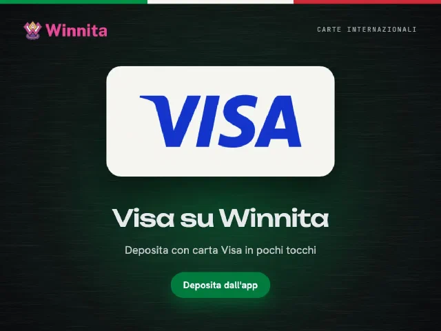 Logo Visa e logo Winnita su sfondo grafite con il pulsante Deposita dall'app