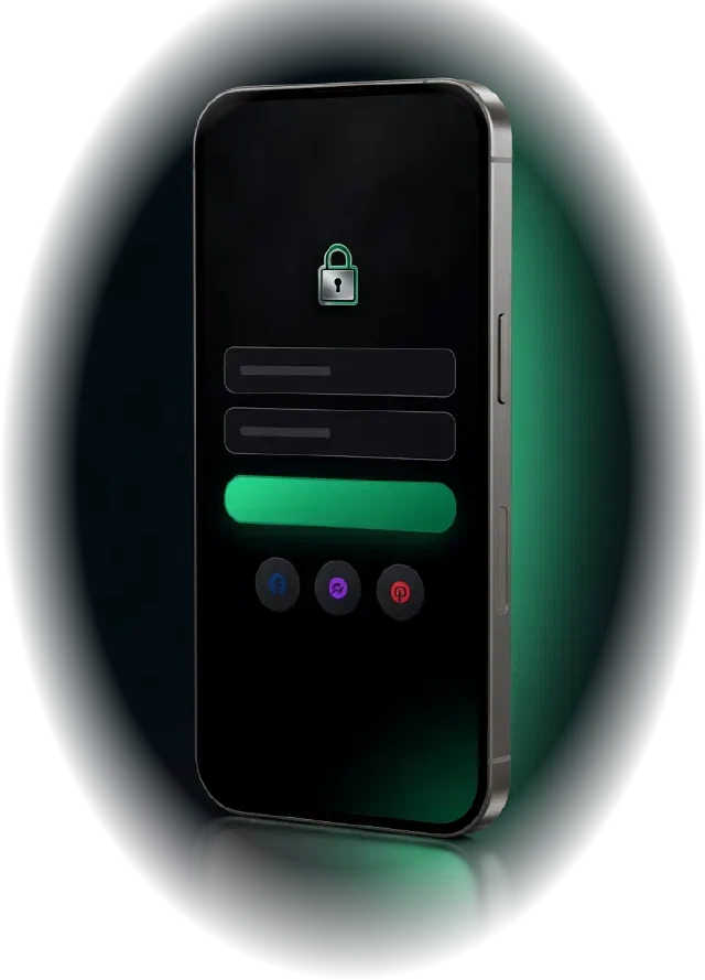 Smartphone con la schermata di accesso: due campi, pulsante verde e pulsanti social