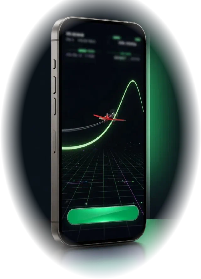 Smartphone con un crash game: un aereo rosso sale lungo una curva luminosa