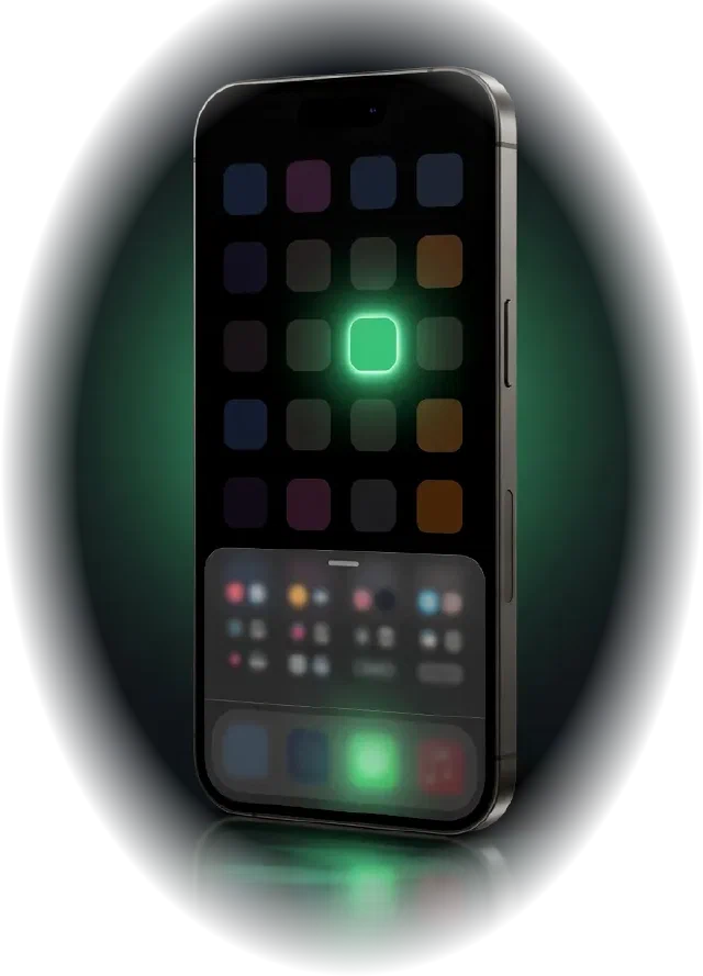 iPhone con la schermata Home e un'icona verde in evidenza, con il menu Condividi aperto
