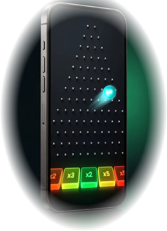 Smartphone con un tabellone Plinko: chiodi argentati, pallina luminosa e caselle colorate