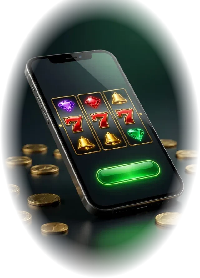 Smartphone con una slot a tre rulli di gemme, sette e campane, e monete d'oro